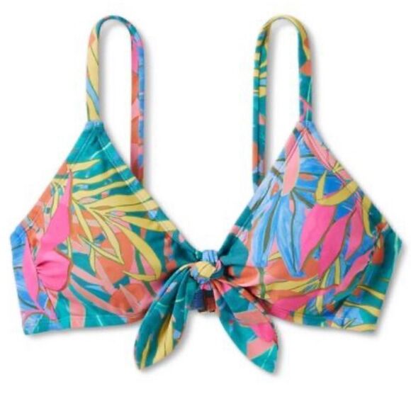 Kona Sol Women's Abstract Tropical Print Tie-Front Bikini Top NWOT Size M - Picture 3 of 8